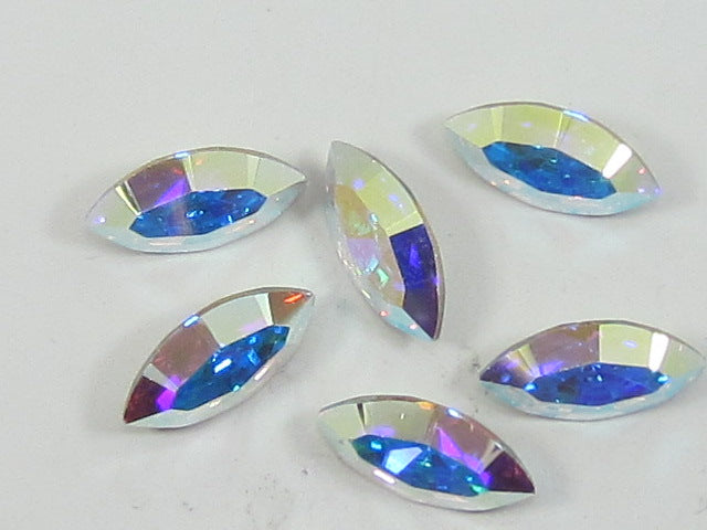 6pcs. 15x7mm NAVETTE CRYSTAL AB FOILED POINTED BACK European Rhinestones