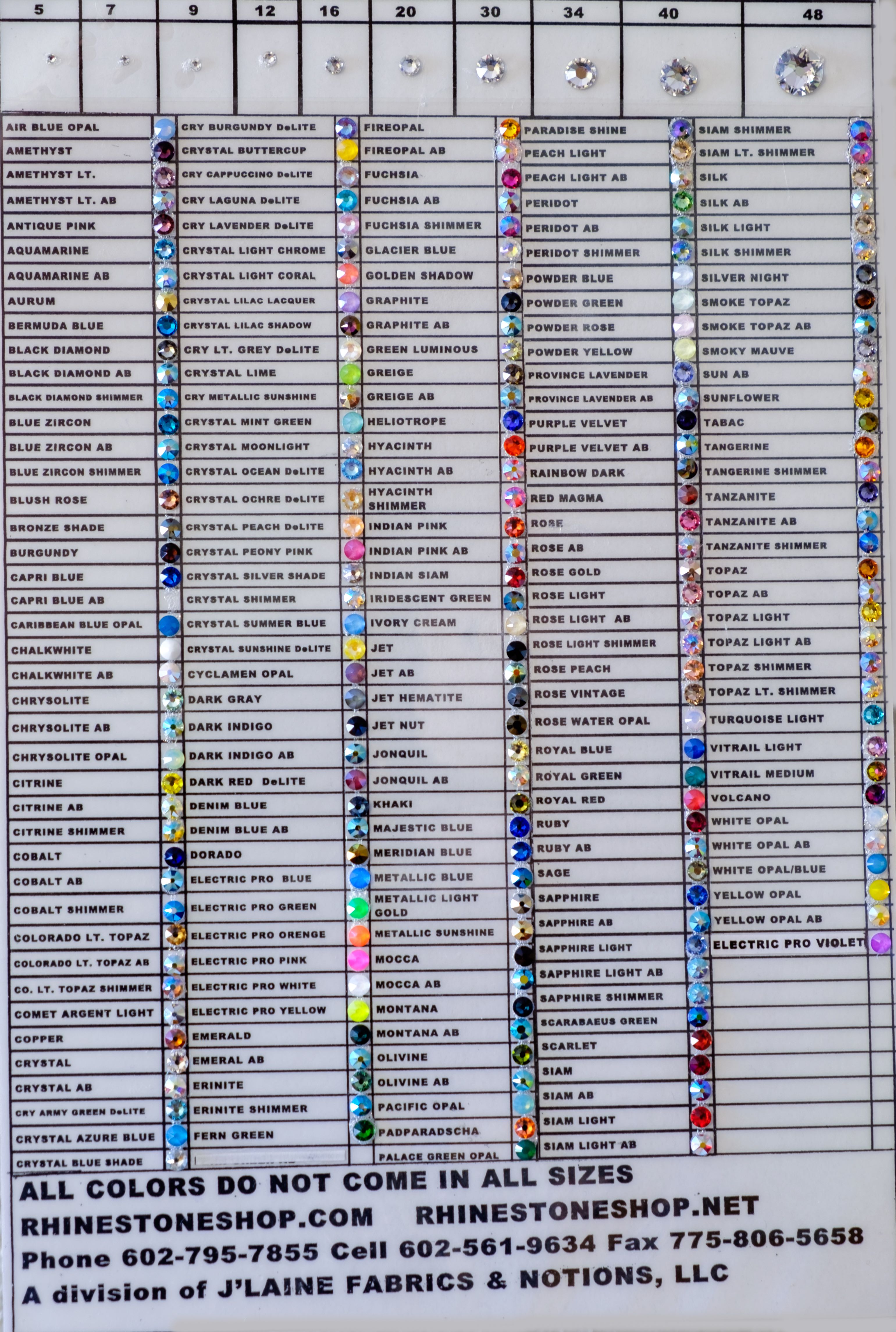 Swarovski Crystal Color Chart Actual Rhinestones